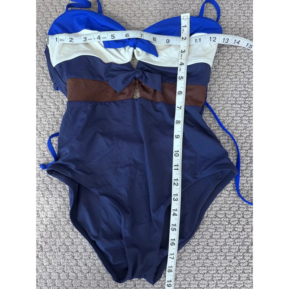 BECCA Circuit Colorblock One Piece Swimsuit‎ Navy Blue White Brown Strappy Bows
